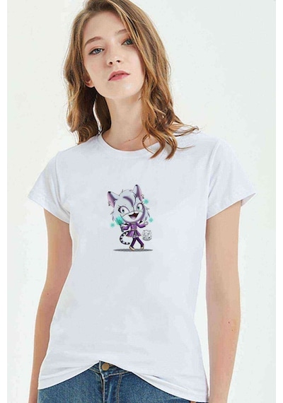 Kiss Cat Technology Baskılı Beyaz Kadın Tshirt