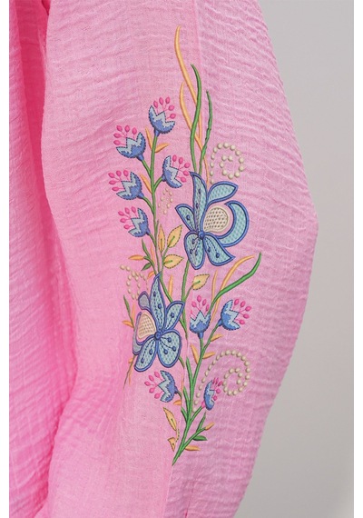 Hiccup Bdart Nakışlı Oversize Krep Bluz Parlak Pembe