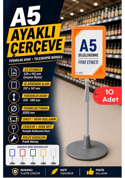 10 Adet - A5 Ayaklı Menü Ve Fiyat Bilgi Standı Yuvarlak Tabanlı Teleskopik Çerçeve Etiketlik Turuncu