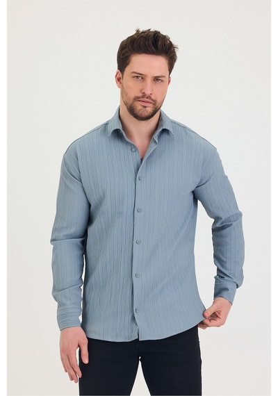 Cool Tarz Erkek Kendinden Çizgi Detaylı Slim Fit Dar Kalıp Uzun Kol Gömlek Mavi Mavi