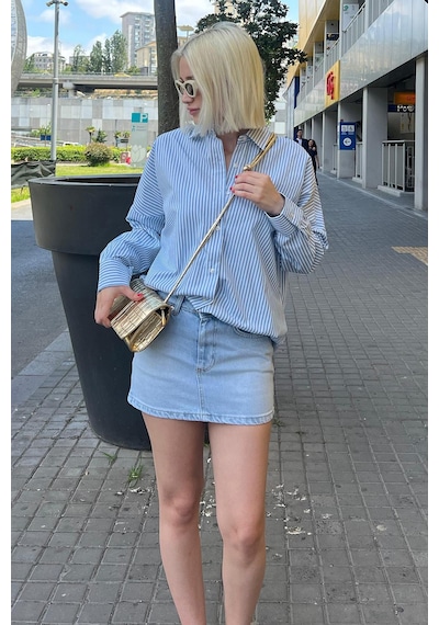 Madmext Mavi Çizgili Over Fit Gömlek Mg1525 Mavi