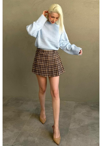 Madmext Camel %100pamuklu Ekose Desen Pileli Mini Şort Etek Mg2629 Camel