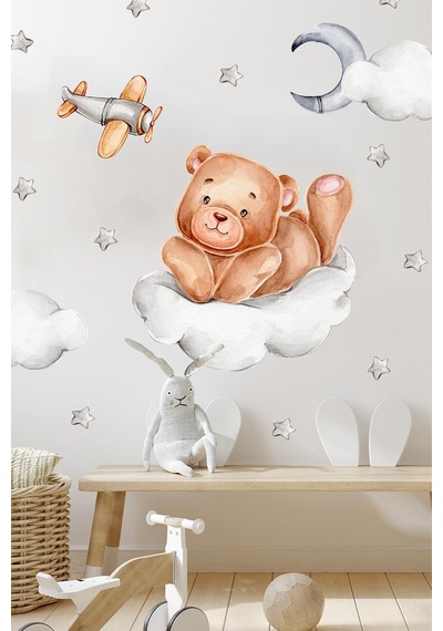 MSticker Bulutta Sevimli Ayıcık Ve Yıldızlar Bulutlar Sevimli Sticker Seti Çocuk Bebek Odası Cam Duvar Sticke