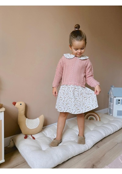 Yeni Sezon Kız Çocuk Çiçek Detaylı Bebe Yaka Triko Süveter Aplikeli Tek Parçalı Elbise Somon