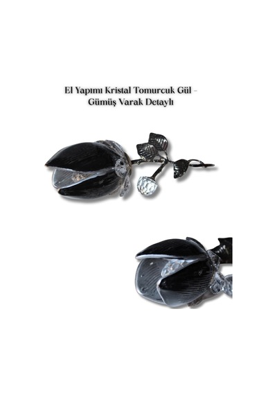 El Yapımı Kristal Tomurcuk Gül Gümüş Varak Detaylı