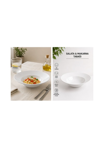 12 Adet 25 Cm Melamin Spagetti Tabağı Derin Makarna Tabağı Makinede Yıkanabilir Beyaz