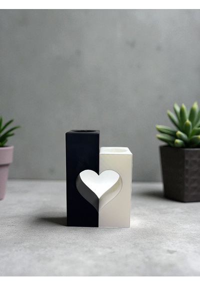 Kalp Detaylı İkili Led Tealight Mumluk Siyah Beyaz Romantik Dekoratif Set