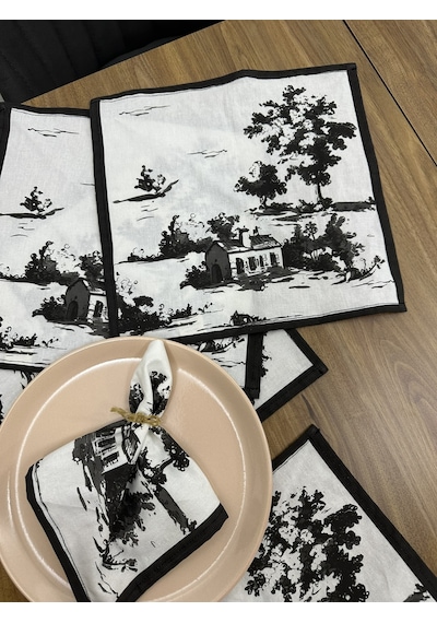 Toile De Jouy Monet Amerikan Servis 6 Lı Set 30x30 Cm %100 Pamuk Dijital Baskılı Country Tarzı Fransız Masa Dekoru - Zt730 Siyah