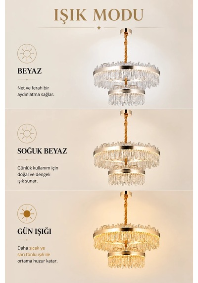 Modern Premıum Gold Ledli Avize 3 Renk Ayarlı Lüks Salon Yemek Odası Avizesi 256w