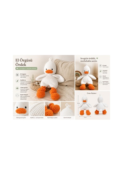 El Örgüsü Uyku Arkadaşı Büyük Boy 55 Cm Peluş Ördek Oyuncak Hediyelik Beyaz Beyaz