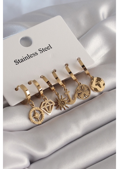 Ezoconcept 316l Çelik Gold Renk Çoklu Figür Model Kadın Küpe Seti 001