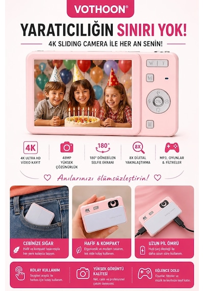 Dijital Kamera 4k Hd 48mp 8x Zoom Flaşlı Kayar Retro Video Kamera 2.4 Ekran 64gb Sd KartPembe Na Belirtilmemiş