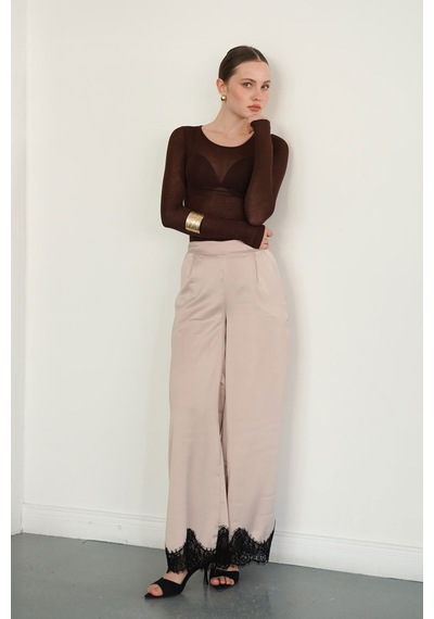 Verymoda Paçası Dantelli Saten Pantolon D2969 Taş