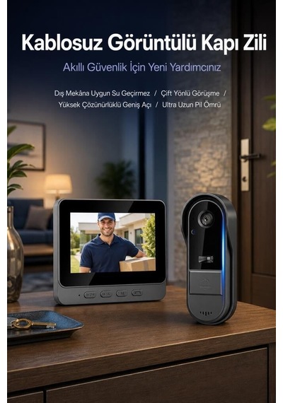 Hd Sistem Giriş Kontrol Görüntülü Monitörlü Su Geçirmez Kablosuz Akıllı Kapı Zili Cmr25 Siyah