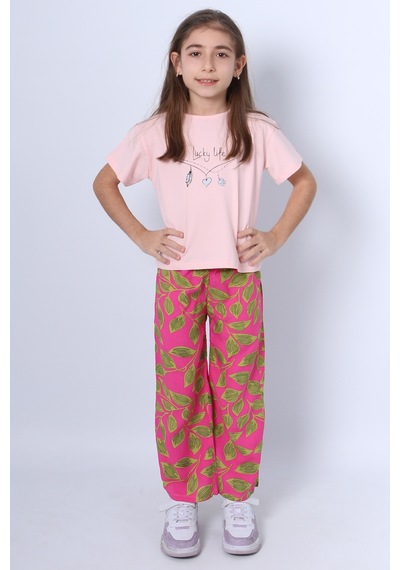 Hçm Kız Çocuk İkili Takım Baskılı Oversize İspanyol Paça E15 Pembe