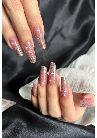 Orta Küt 24 Adet Takma Tırnak Seti Simli Ve Yıldızlı Tırnak R737 Yıldız Ve Kalp