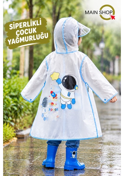Mainshop Şeffaf Siperlikli Ve Çıtçıtlı Sevimli Figürlü Su Geçirmez Çocuk Yağmurluk 5-6 Yaş S - M Mavi