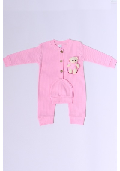 Hçm Bebek Tulum Şapka Hediyeli Düğmeli Ayıcık Detaylı C32 Pembe