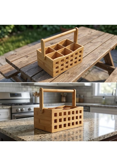 4 Bölmeli Saplı Doğal Bambu Çatal Bıçak Sepeti - Çok Amaçlı Masaüstü Organizer Mutfak Düzenleyici Ve Kalemlik Standı 23x15 Cm Çok Renkli