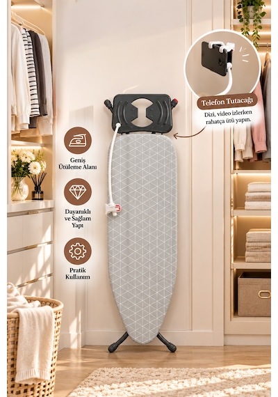 Perilla Alsu Lüx Ütü Masası – Isıya Dayanıklı Kumaş, Buhar Geçirici Geniş Perfore Tablalı Standart Ütü Masası 38*120 cm