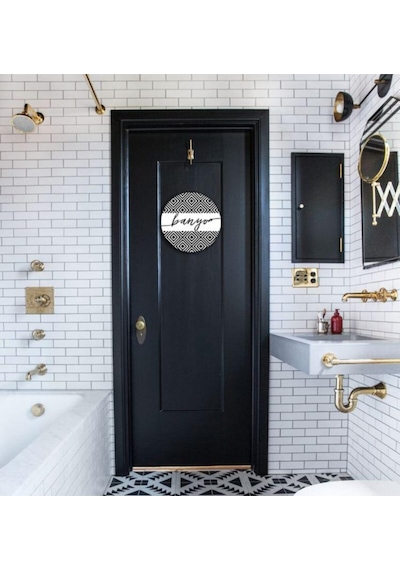 Siyah Beyaz Desenli Yuvarlak Banyo Tabelası Kapı Süsü Dekor