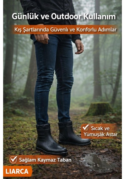 Erkek Kar Botu İçi Yünlü, Fermuarlı, Suya Dayanıklı, Kışlık... Siyah