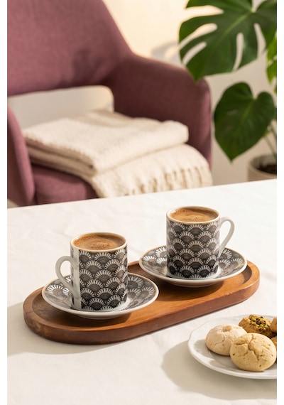 Porsima Sd-210-4 12 Parça Porselen Türk Kahve Fincan Takımı - 90ml Kahve Fincan Seti Beyaz - Siyah
