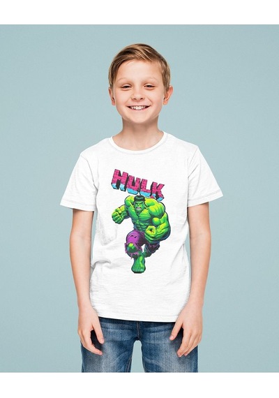 Sevbano Hulk Baskılı Unisex Film Kahramanı Çocuk Tişört 1-12 Yaş Beyaz