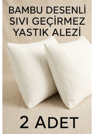 Bambu Desenli Sıvı Geçirmez Yastık Alezi 2 Adet Fermuarlı 50x70 Cm Yastık Kılıfı Beyaz