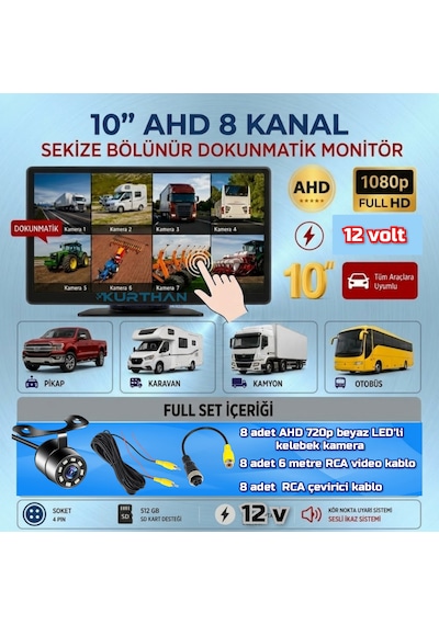 8 Adet Beyaz Ledli Ahd 720p Kelebek Kamera 10 İnç 8 Ch Dokunmatik Ekran 512 Gb Dvr Adas Bsd 12 Volt