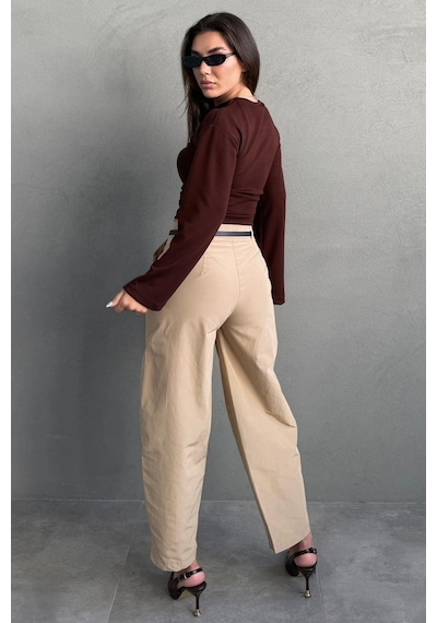 Madmext Bej Modern Kesim Kemerli Yüksek Bel Bol Paça Kumaş Pantolon Mg2618 Bej