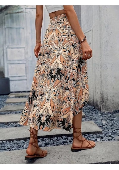 Defymoda Kadın Yüksek Bel Çiçek Desenli Önü Asimetrik Detaylı Uzun Süprem Etek
