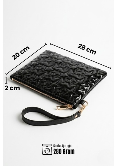 Gl-003 Yıldız Dikişli Kadın El Çantası Clutch Çanta Omuz Çantası Çapraz Çanta Pörtföy Çanta Rugan Siyah