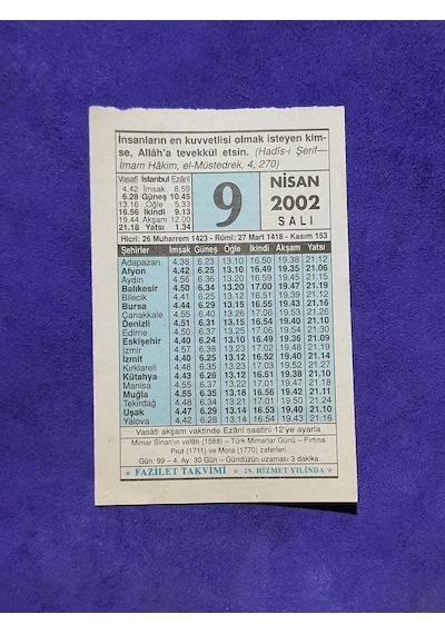 9 Nisan 2002 Takvim Yaprağı - Nostalji Koleksiyonluk Takvim Yaprağı A