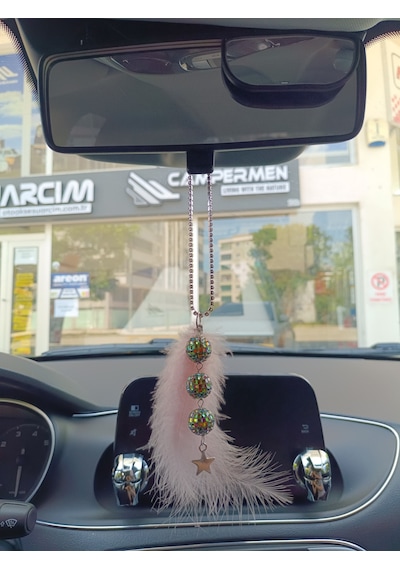 Disko Toplu Metal Yıldız Dikiz Ayna Süsü Pudra Pembe Tüylü