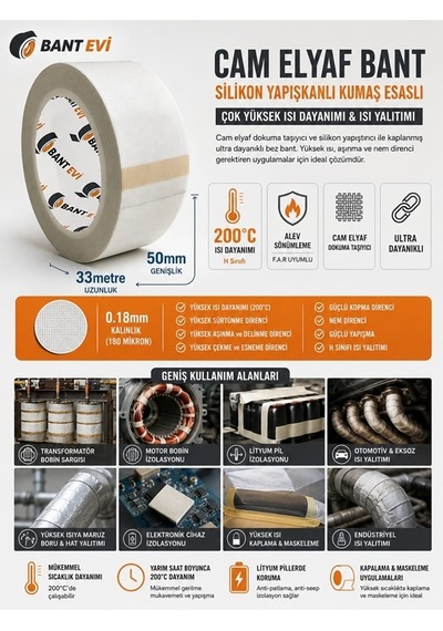 Cam Elyaf Bant 50mmx33m Silikon Yapışkanlı 200°C Isıya Dyanaıklı Kumaş Esaslı Bez Bant