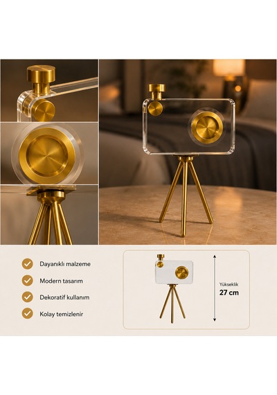 Modern Gold Detaylı Dekoratif Cam Kamera Dekoru 27 Cm 1