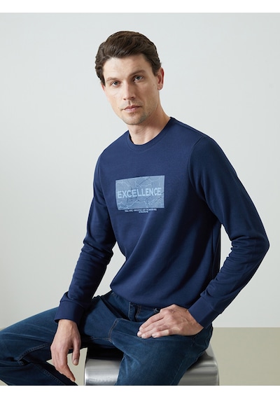 Lcwaıkıkı Classic Lacivert Bisiklet Yaka Uzun Kollu Baskılı Erkek Sweatshirt
