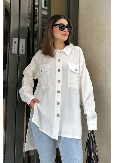 WeShaya Kadın Beyaz Balon Kol, Pileli, Yırtmaçlı, Oversize, Keten Tunik Gömlek Beyaz