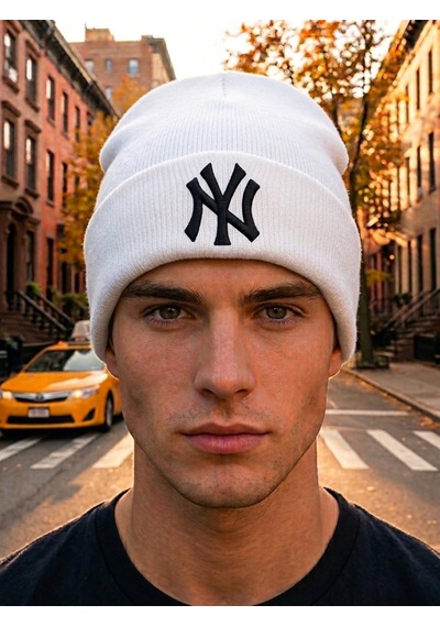Hamze Ny New York Nakışlı Unisex Pamuklu Akrilik Kışlık Bere Beyaz