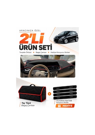 E-biz Renault Scenıc 3 2009-2016 Uyumlu Torpido Örtüsü + Tay Tüyü Çanta - Siyah-kırmızı - Re045