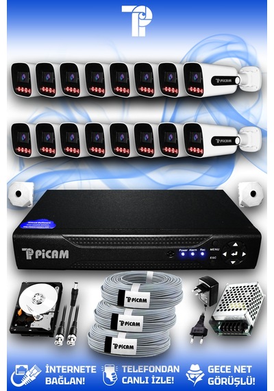 Picam 16 Kameralı Zebra 16 Dış Kamera Set 2 Tb 5 Mp 2k Net Gece Görüşlü Güvenlik Kamerası Sistemi