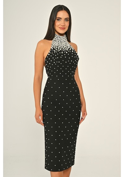 Halter Yaka Boncuklu Krep Midi Abiye Elbise Alfa Beta Siyah