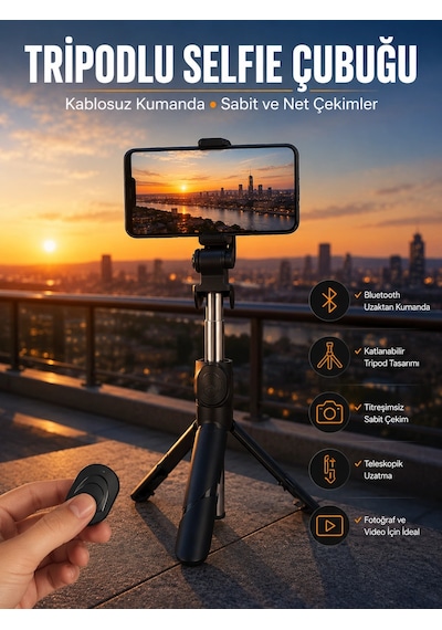 Selfie Çubuğu Tripod Kumandalı Telefon Tutucu Siyah Renkli 62465998