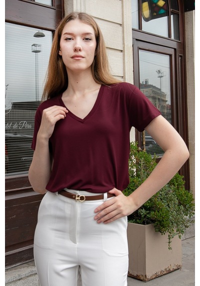 Jument Kadın V Yaka Kısa Kol Likralı Span Kumaş Şık T-shirt Bluz-bordo