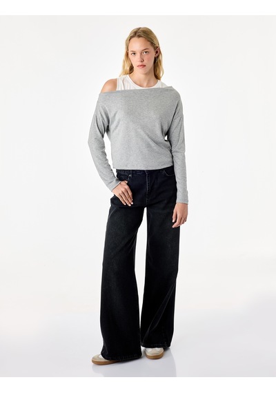 Koton Slim Fit Viskon Karışımlı Asimetrik Yaka Uzun Kollu Katmanlı Tişört Gri 7wal10346ık
