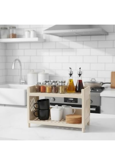Çok Amaçlı 2 Katlı Organizer Raf Plastik Düzenleyici Stand Banyo, Mutfak, Masaüstü Ve Ofis İçin 25 X 18 Cm Bej 0