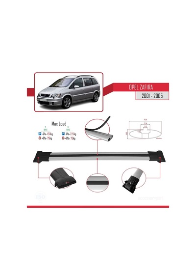Opel Zafira 2001-2005 Arası İle Uyumlu Fly Model Ara Atkı Tavan Barı Gri