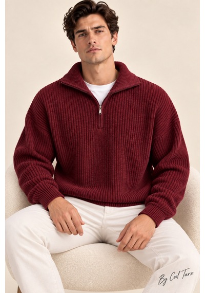 Cool Tarz Erkek Oversize Premium Kalite Salaş Kazak Bordo Bordo