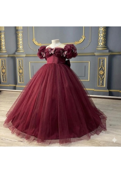 Star Kids Fashion Kız Çocuk Bordo Kelebek Detaylı Prenses Elbise ,kız Çocuk Abiye Elbise